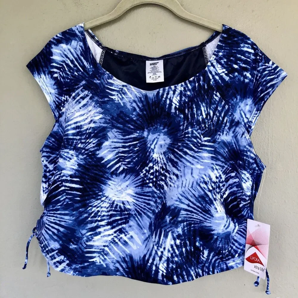 Lands End Tie Dye Tankini Swim Top Women 18W Blue Palm Print Padded Beach Resort